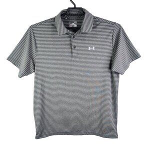 Mens Gray Under Armour Loose Fit Striped Polo Shirt Short Sleeve Size L